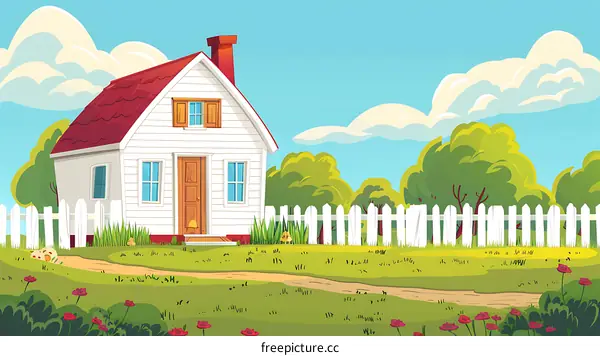 White House with Red Roof and White Fence in the Countryside