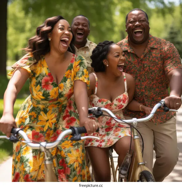 Four African American people riding bicycles and laughing