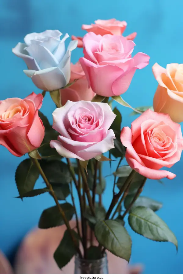 A bouquet of different colored roses