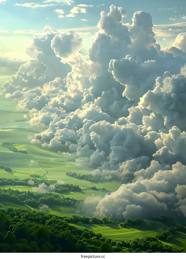 Cumulus clouds over green hills and forests