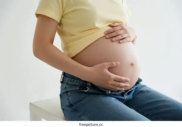 Pregnant woman gently touching her belly showing pregnancy stage