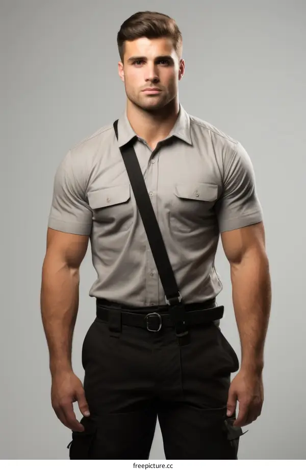 Handsome muscular man in uniform posing