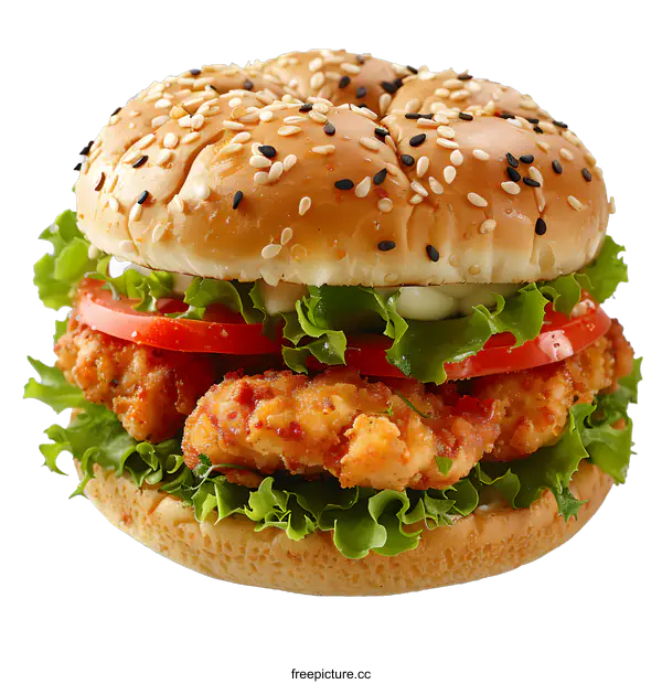 [Transparent Background PNG]Delicious crispy chicken burger on white background