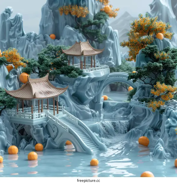 Surreal landscape with floating pavilions and orange spheres