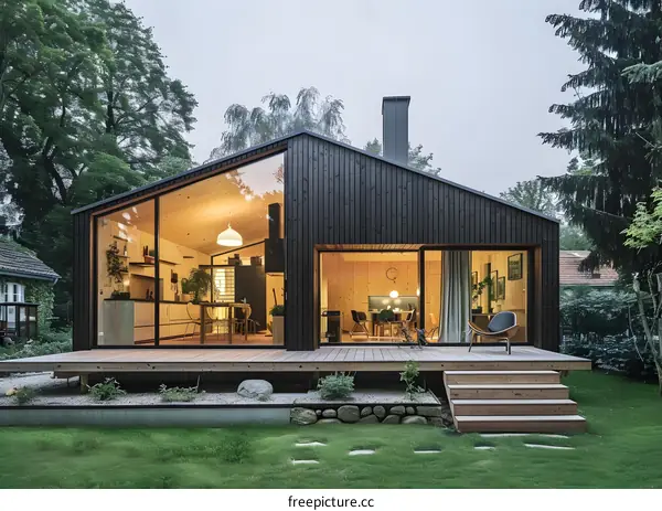 Modern Black Wooden House with Large Windows and Deck