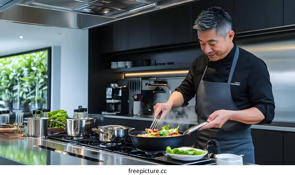 Asian Chef Cooking Delicious Food In Modern Kitchen