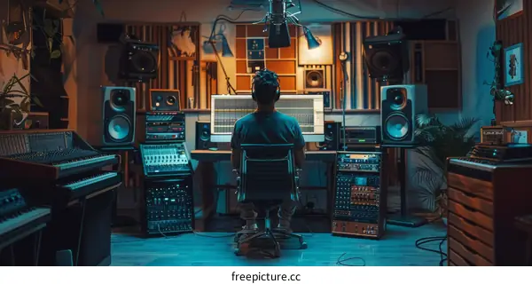 A music producer sits at a mixing console in a recording studio.