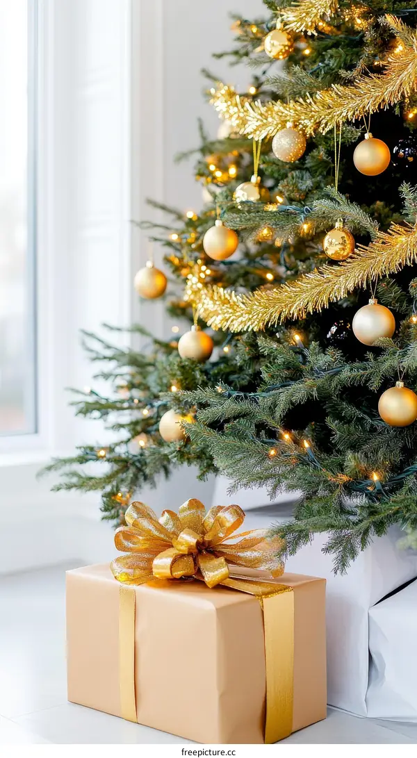 Golden Christmas Tree Decorated with Gift