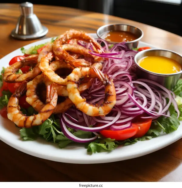 A delicious plate of shrimp salad with red onions and two dipping sauces