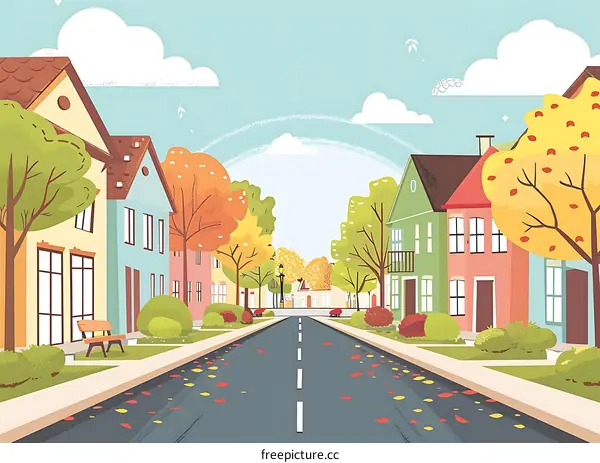 Autumn Street with Houses and Trees