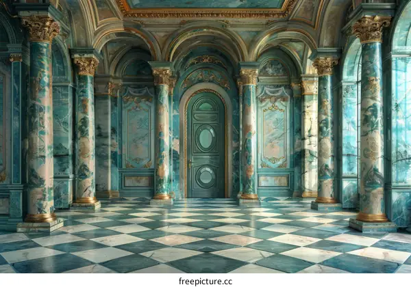 Elegant Teal Palace Hallway Illustration