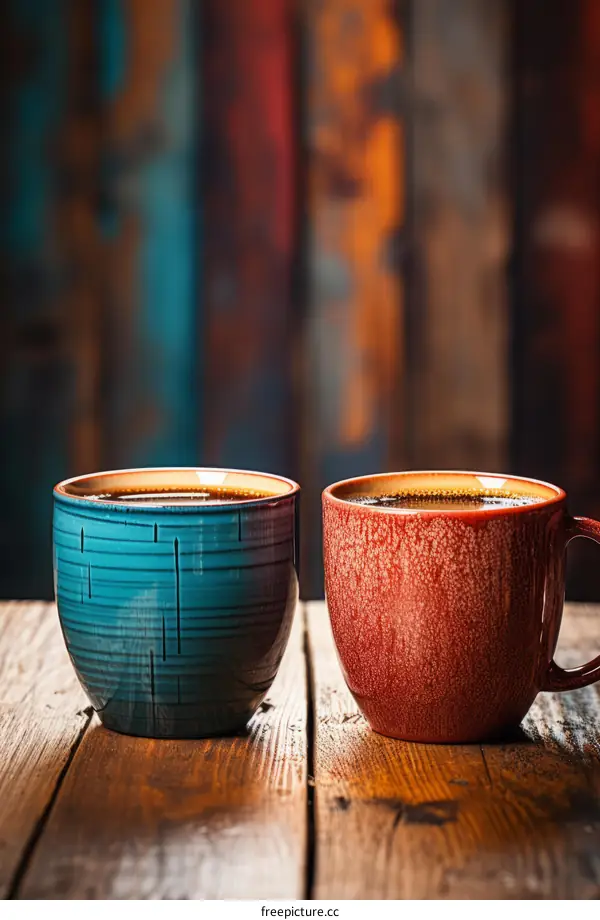 Two ceramic cups of coffee on a wooden table with a colorful background