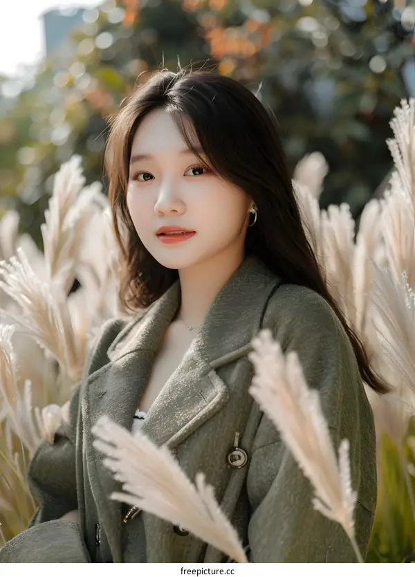 Young Asian Woman Wearing Green Coat Posing In A Field Of Flowers