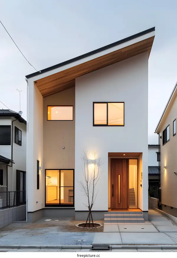 Modern Japanese House with Wooden Roof and White Walls