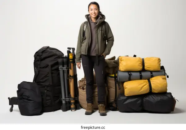 Asian woman with camping gear