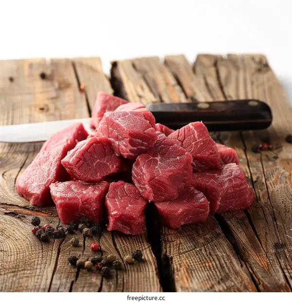 Raw Fresh Beef Cut into Cubes on a Wooden Cutting Board