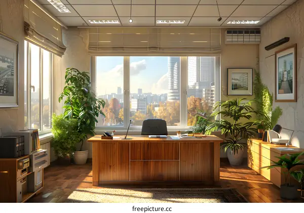 Office interior with large windows and plants