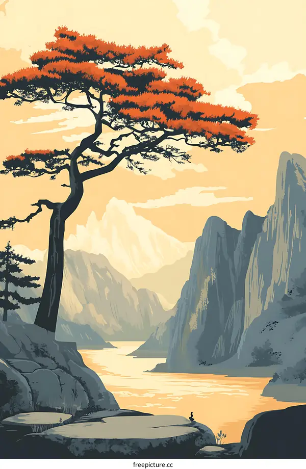 Mountain Landscape with River and Pine Tree