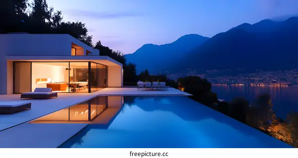 Modern House with Infinity Pool and Mountain View at Dusk