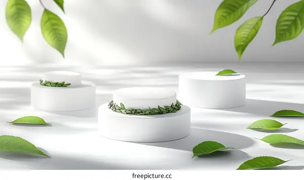 White Podiums with Green Leaves for Product Presentation