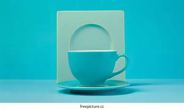 Teal Ceramic Coffee Cup with Saucer on Teal Background