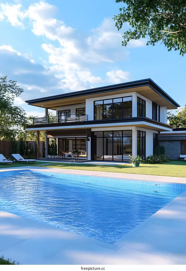 Modern Two Story House with Swimming Pool and Balcony
