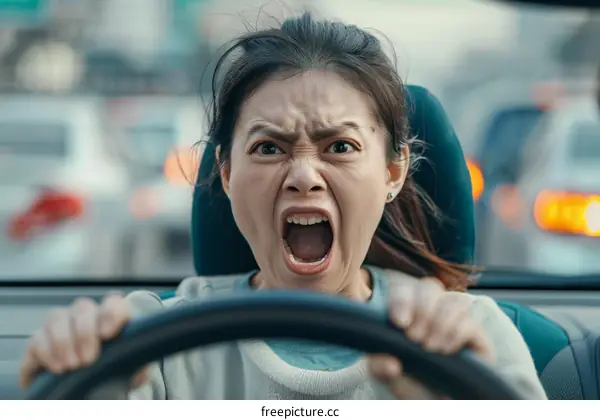 Asian woman road rage angry driving shouting at other driver