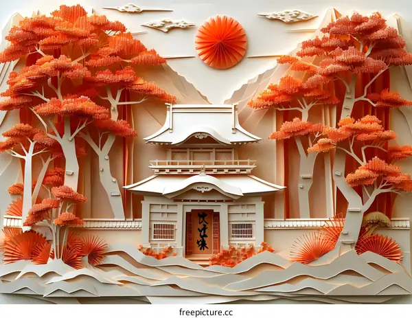 A paper cut illustration of a traditional Japanese house