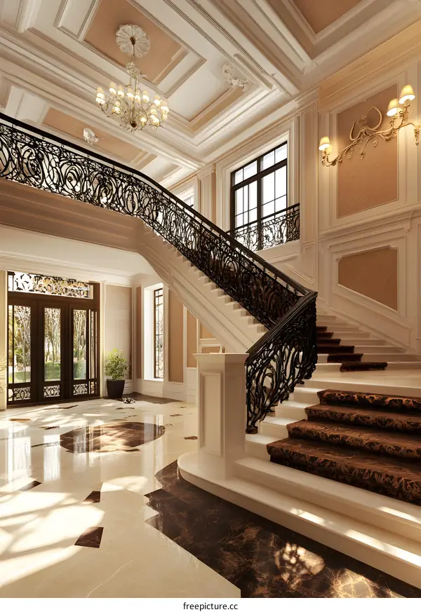 Luxury Interior Design With White Marble Staircase And Chandelier