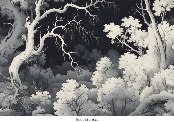 Black and white forest illustration