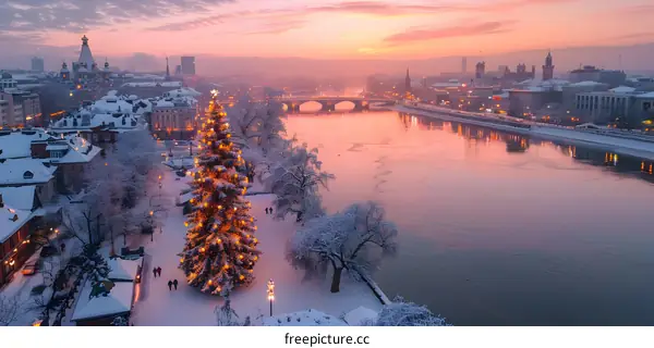 Christmas tree by the river in the city at sunset