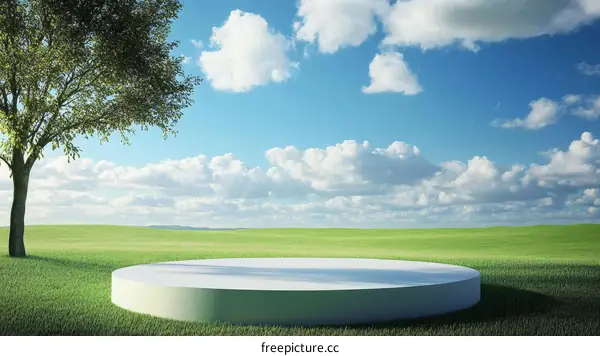 Empty Round Stage in a Green Meadow with Tree