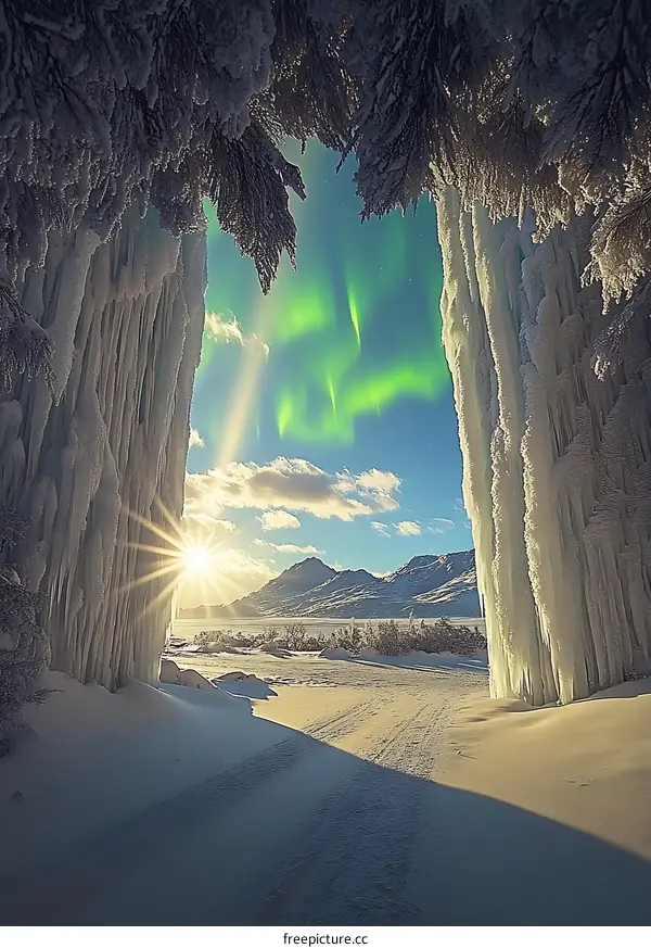 Aurora Borealis Through Icicles In Winter