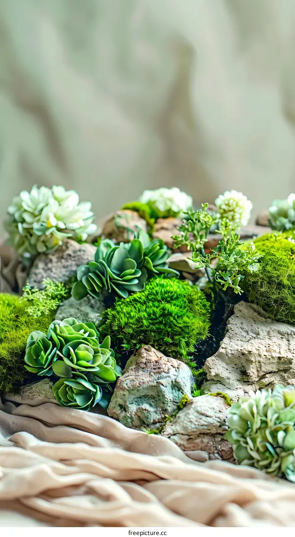 Green Moss and Succulents on Rocks with Beige Fabric Background