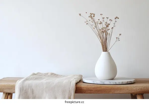 Minimalist Dried Flower Arrangement on Wooden Bench
