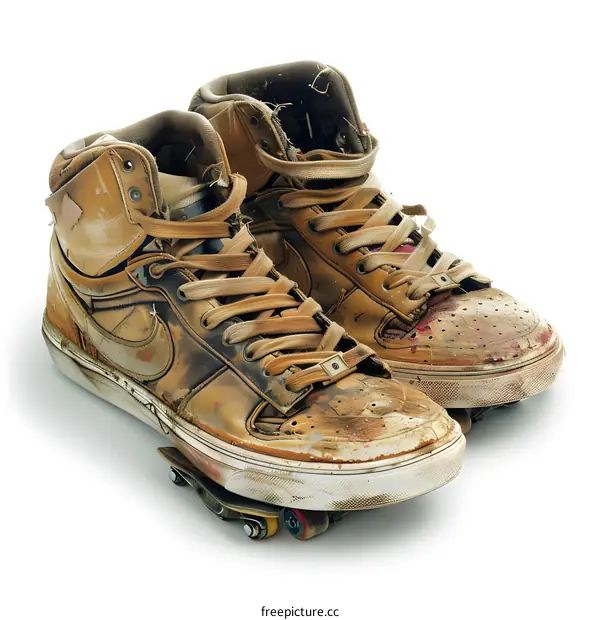 A pair of old and dirty Nike SB Dunk high top sneakers with roller skates attached to the bottom
