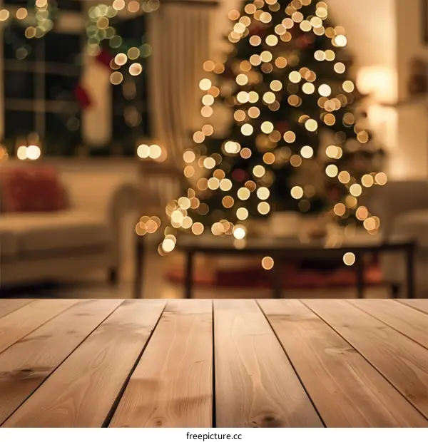 A wooden table with a blurred background of a living room with a Christmas tree