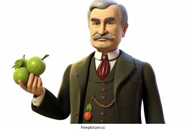 An illustration of a man holding three apples
