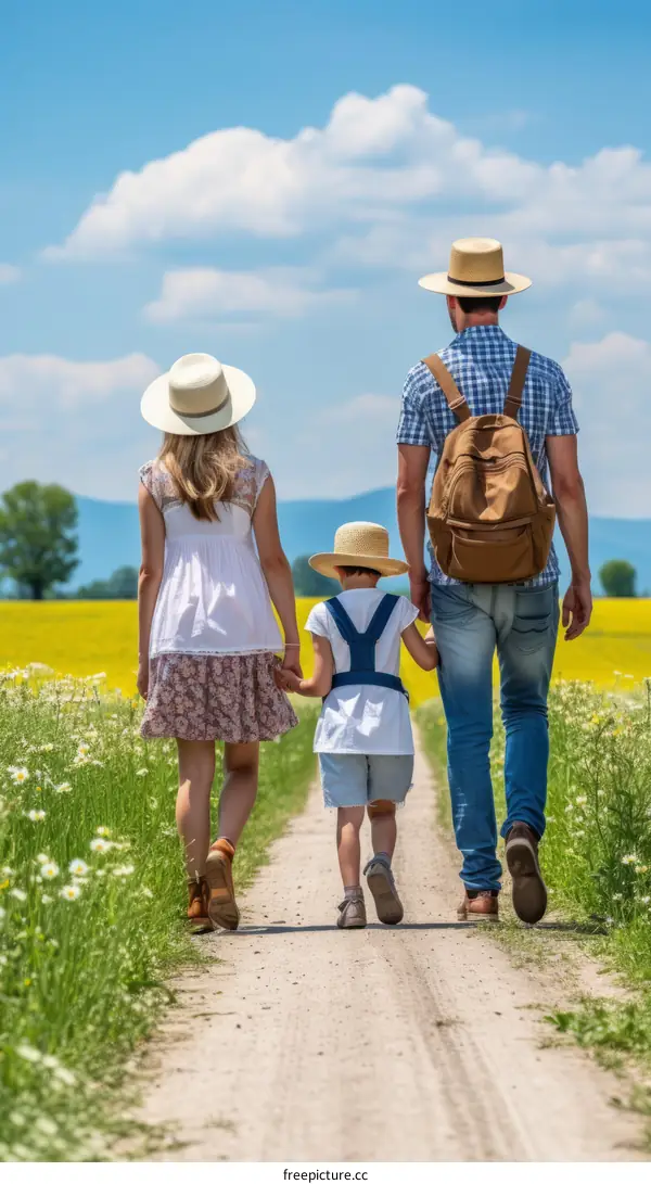 Family of three walking in a field of flowers on a sunny day