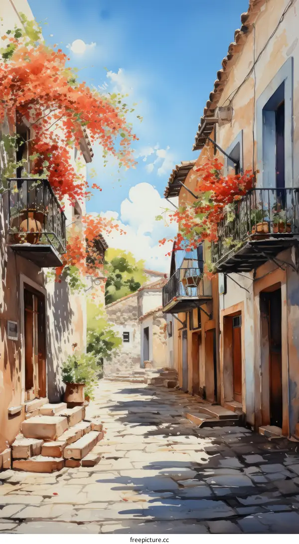 A narrow street with stone buildings and flowers