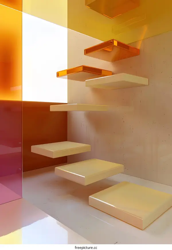 Abstract Geometric Minimalist 3D Rendering with Floating Platforms and Bright Colors