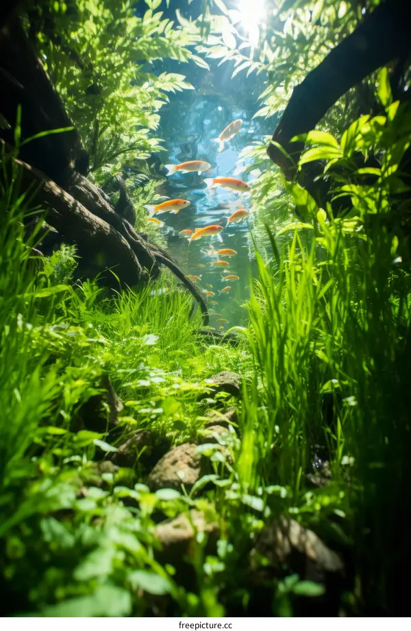 Carp fish swimming in a planted aquarium with green plants and driftwood
