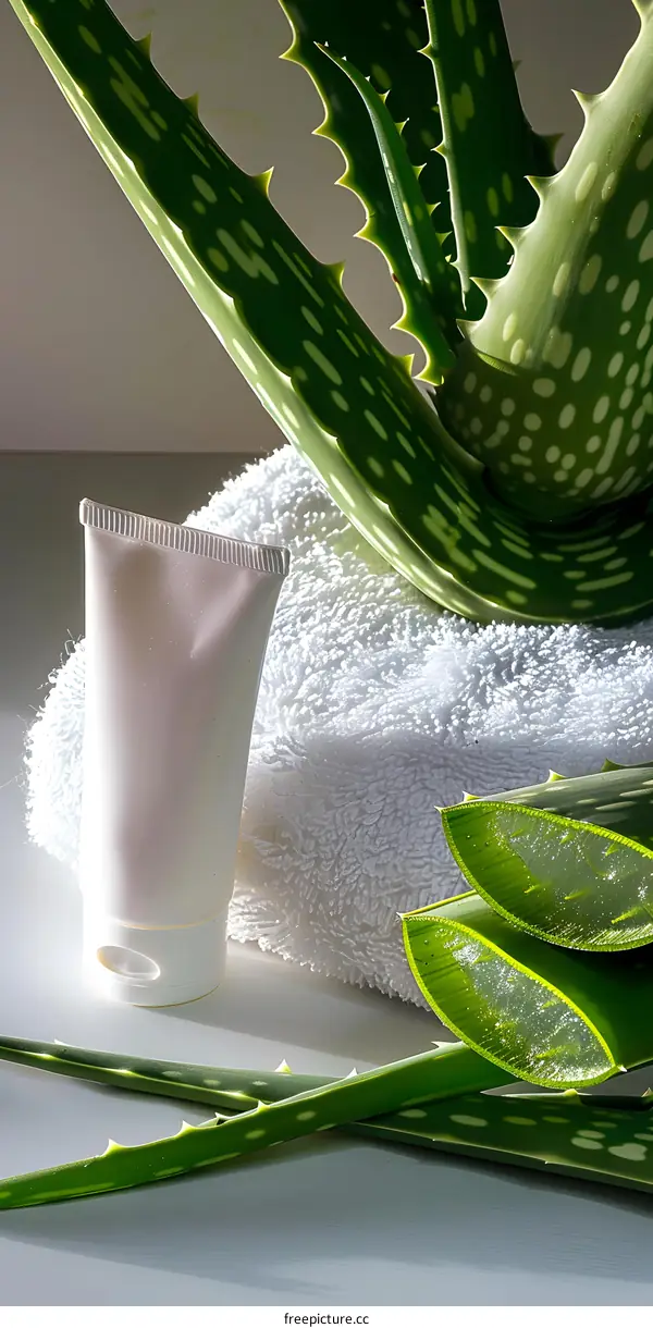 Aloe Vera Plant Leaves and Tube of Cream on White Towel