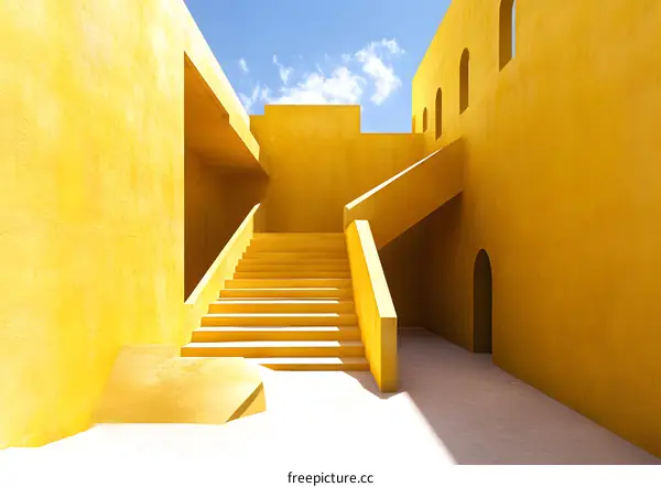 Abstract Minimalist Yellow Architecture with Stairs and Windows