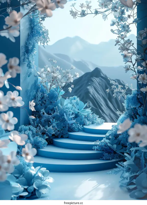Blue Floral Mountain Scene Display
