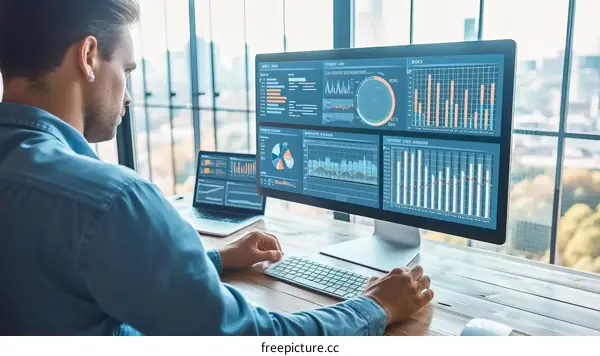 Businessman analyzing financial data on multiple computer screens