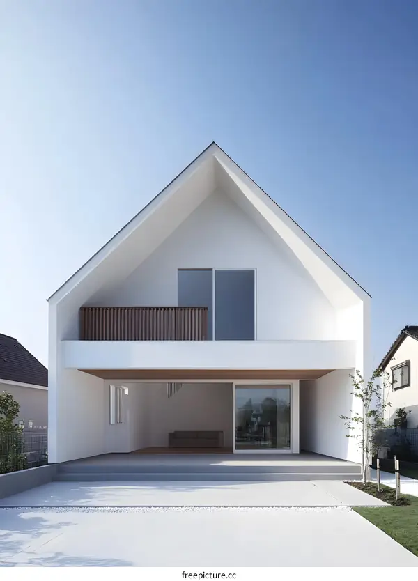 Modern White House with A-Frame Roof and Balcony