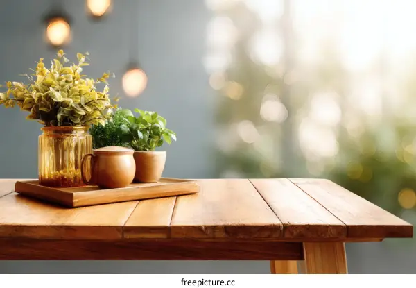 Wooden Table with Decorated Tray and Plants