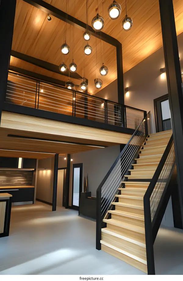 Modern Staircase Interior Design with Pendant Lights