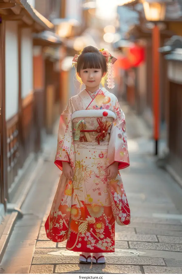 Little Japanese girl in kimono standing in the traditional street